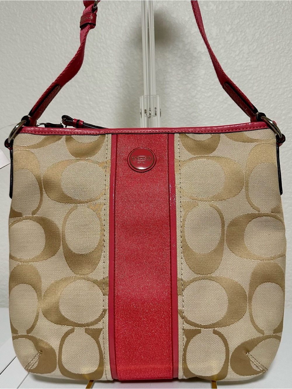 NWT Y2K Coach Signature Beige/Pink Logo Shoulder Bag Zip Adj Strap Silver HW